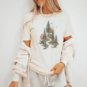 Forest River Cabin Graphic Tee Vintage Landscape Nature Art